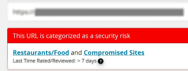 Restaurant menu website flagged as a compromised domain and security risk